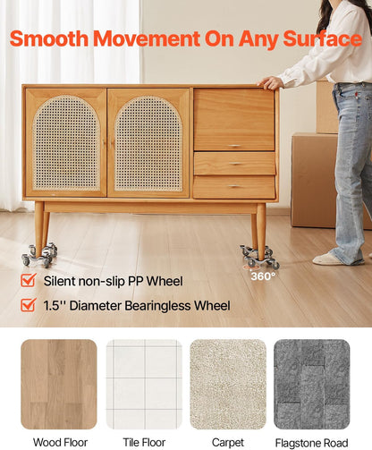VEVOR Furniture Dolly, 4 Pack 6-Inch Steel Tri-Dolly with 360° PP Swivel Wheels and Non-Slip Cap, 3 Wheels Furniture Lift Mover Tool Set for Moving Heavy Furniture Refrigerator Sofa