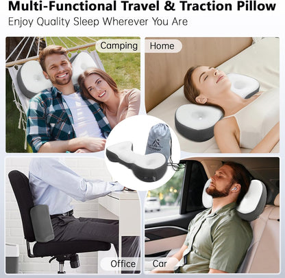 Cervical Neck Roll Pillow, Say Goodbye to Neck Pain, Travel Neck Support Pillow for Side Sleepers, Ergonomic Memory Foam Camping Pillow, Cervical Traction Device with Storage Bag