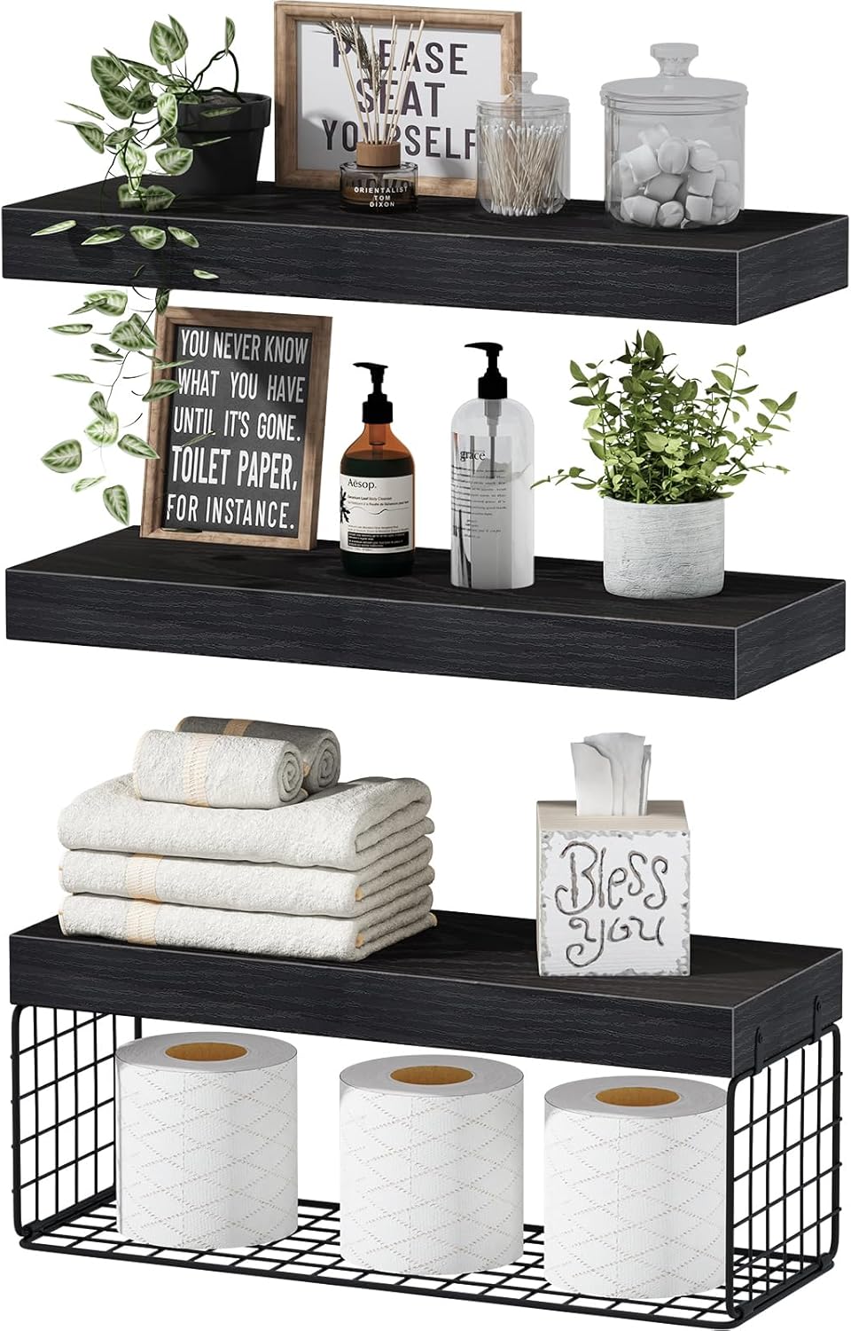 QEEIG Bathroom Shelves Over Toilet - Wall Mounted Floating Shelves Toilet Paper Storage Small Farmhouse Decor Shelf 16 inch Set of 3, Rustic Brown (019-BN3)
