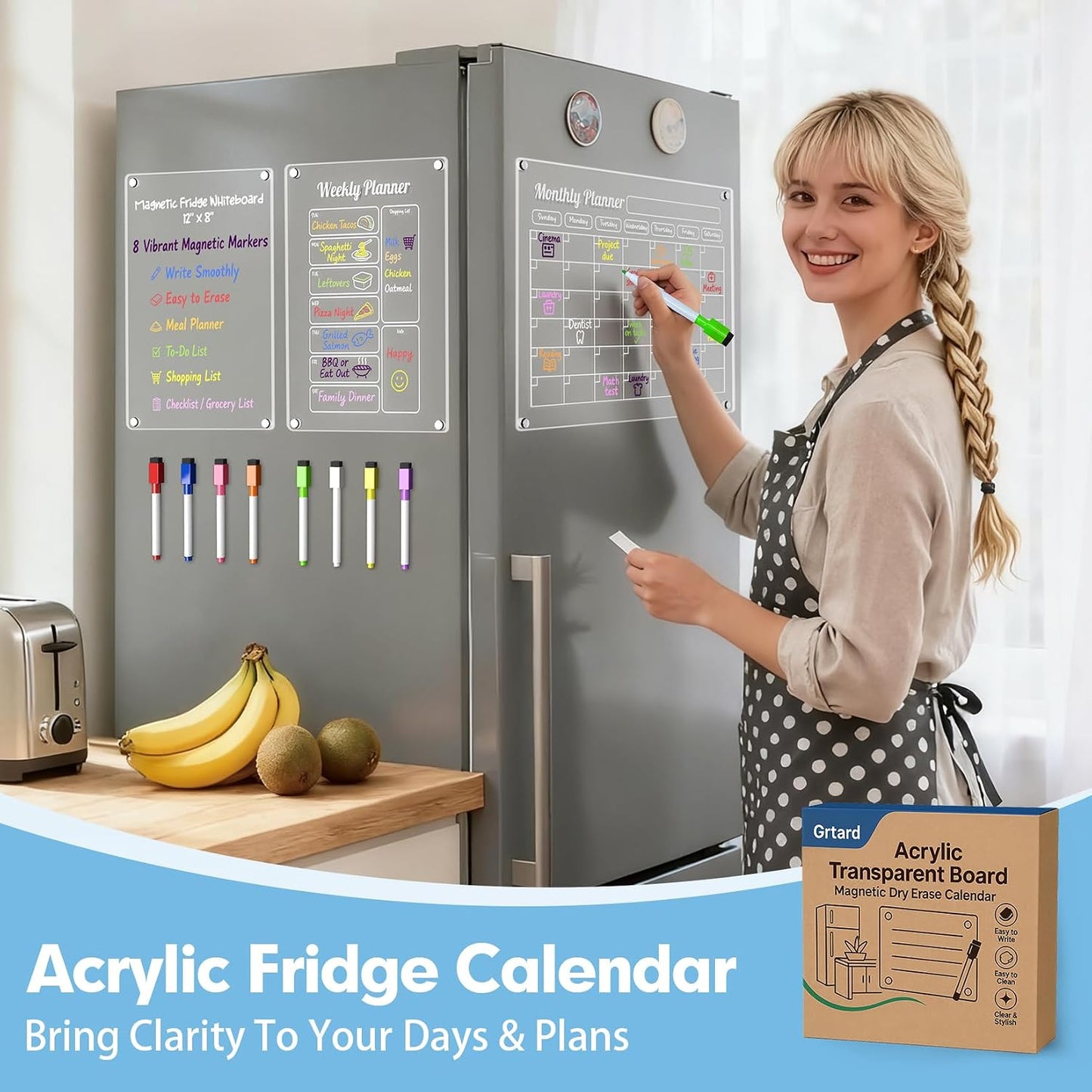 3 Pack Acrylic Calendar for Fridge, Magnetic Calendar for Refrigerator, 16"x12" Dry Erase Whiteboard Fridge Calendar,2026 Clear Monthly Weekly Daily Memo Planning Board with 8 Markers