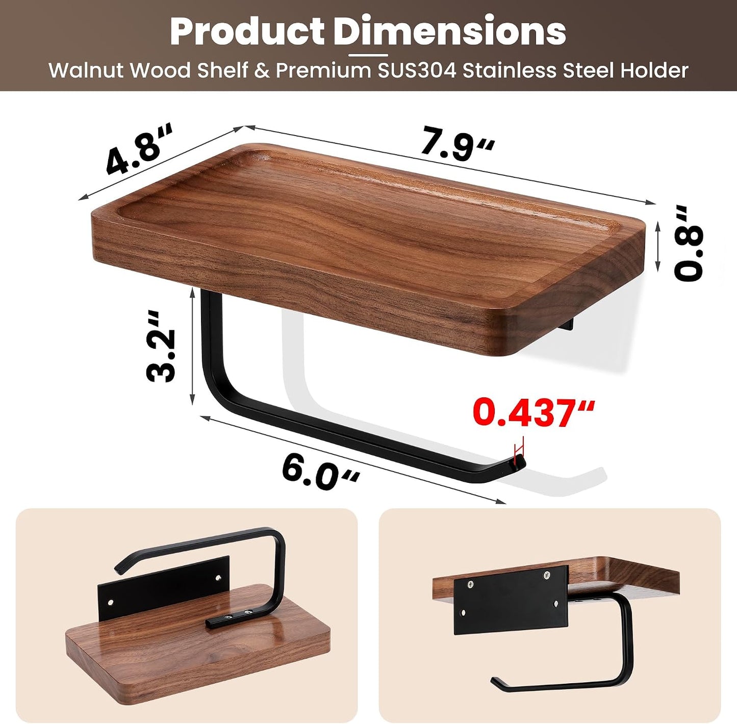 Toilet Paper Holder Walnut Wood Shelf - Wall Mount & Self-Adhesive | Bathroom Tissue Holder, Black Stainless Steel with Walnut Shelf for Phone - Home Apartment Restroom Decor Essentials