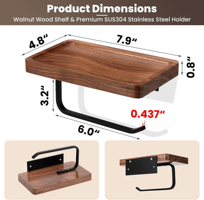 Toilet Paper Holder Walnut Wood Shelf - Wall Mount & Self-Adhesive | Bathroom Tissue Holder, Black Stainless Steel with Walnut Shelf for Phone - Home Apartment Restroom Decor Essentials