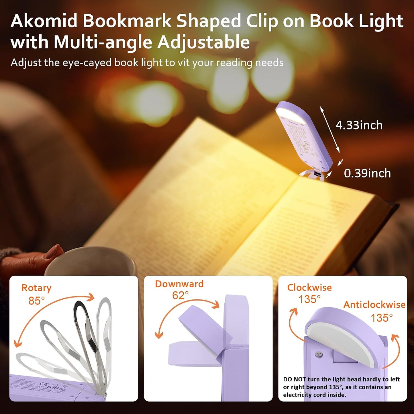 Akomid USB Rechargeable Book Light for Reading in Bed, 8 LEDs Bookmark Style Clip on, Eye-Cared Amber Light Mode for Kids, Blue Light Blocking, Stepless Dimming,Khaki