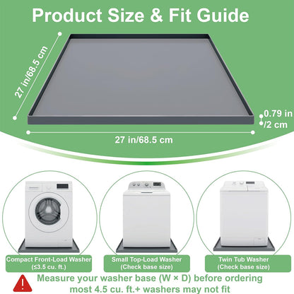 28.7” x 28.7” Washing Machine Drain Pan, Silicone Washer Pan, Black | 2cm Raised Waterproof Edge, Washer and Dryer Mat for Floor Protection, Fits Compact Washers Up to 4.0 Cu.Ft.