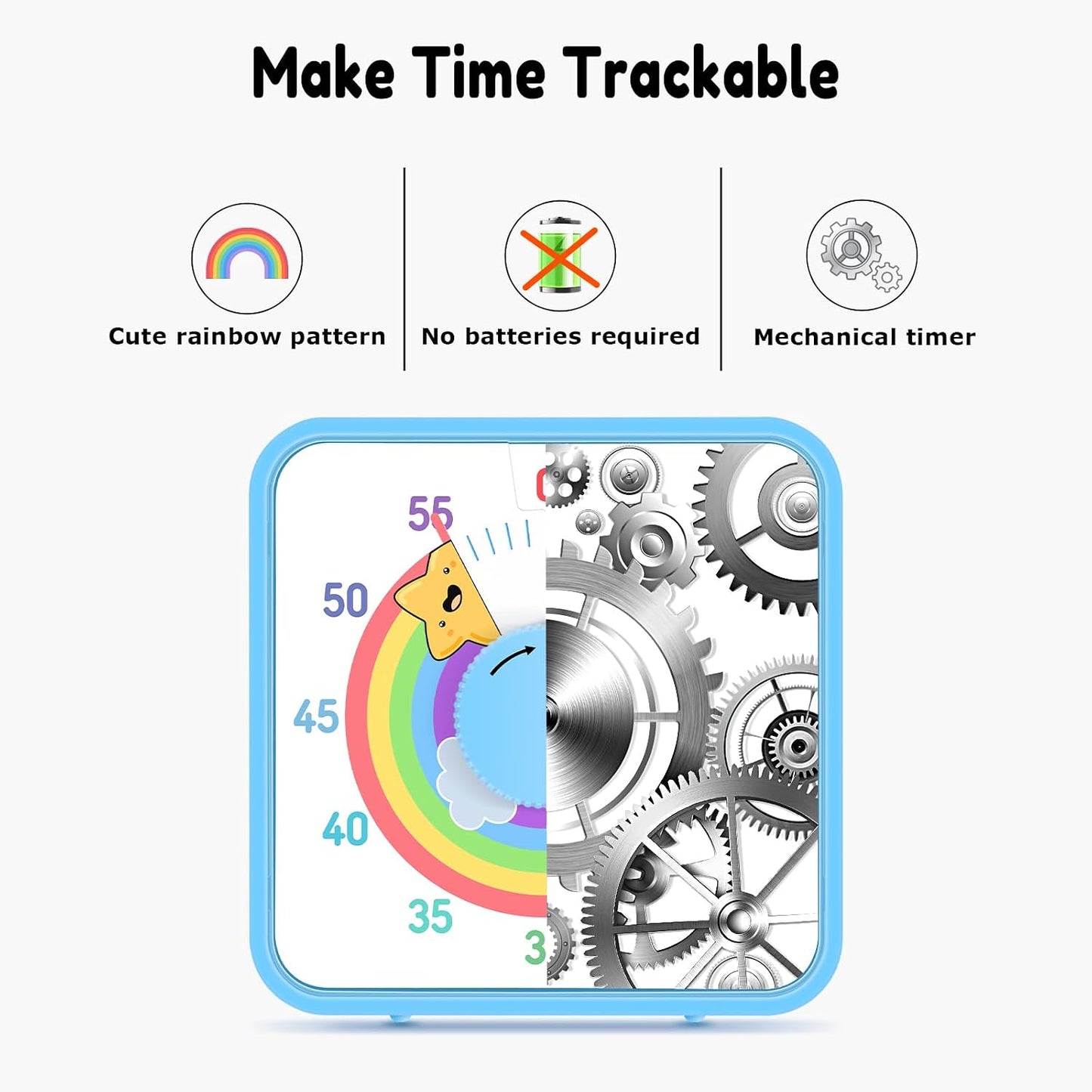 Secura 7.5-Inch Rocket Pattern Visual Timer for Kids, 60-Minute Countdown Timer for Classroom or Kitchen, Durable Mechanical Timer Clock with Magnetic Backing (Blue)