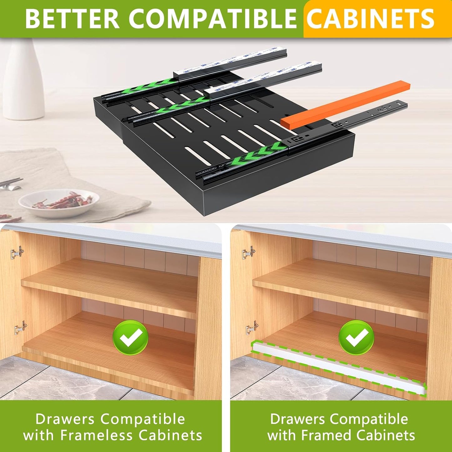 2 Pack Pull Out Cabinet Organizer 21" Deep Expandable Slide Out Drawer Organizers,No Drill Pull Out Drawers Adhesive with Nano Compatible Framed Cabinets Shelves For Kitchen Pantry Adjustable Width
