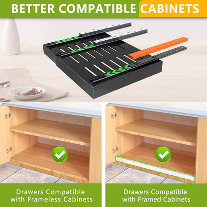 2 Pack Pull Out Cabinet Organizer 21" Deep Expandable Slide Out Drawer Organizers,No Drill Pull Out Drawers Adhesive with Nano Compatible Framed Cabinets Shelves For Kitchen Pantry Adjustable Width