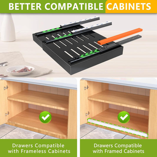 2 Pack Pull Out Cabinet Organizer 21" Deep Expandable Slide Out Drawer Organizers,No Drill Pull Out Drawers Adhesive with Nano Compatible Framed Cabinets Shelves For Kitchen Pantry Adjustable Width
