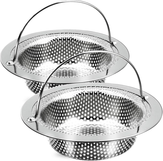 2 Pack Kitchen Sink Drain Strainer with Handle, Stainless Steel Large Kitchen Sink Drain Basket Food Catcher, Outer Diameter 4.5 Inch, Rust Free