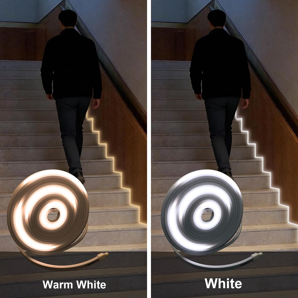 Motion Sensor LED Strip Lights - Chasing Effect Auto ON/Off for Stairs, Bedroom, Under Cabinet - 16.4ft White, Intelligent Motion Sensor Stair Lights