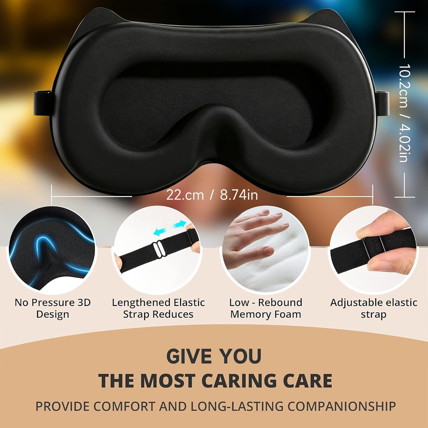 3D Blackout Sleep Mask, Memory Foam Eye Cover for Travel | Zero pressure 3D contoured design with adjustable strap. Perfect for side sleepers, travel, and lash extensions.