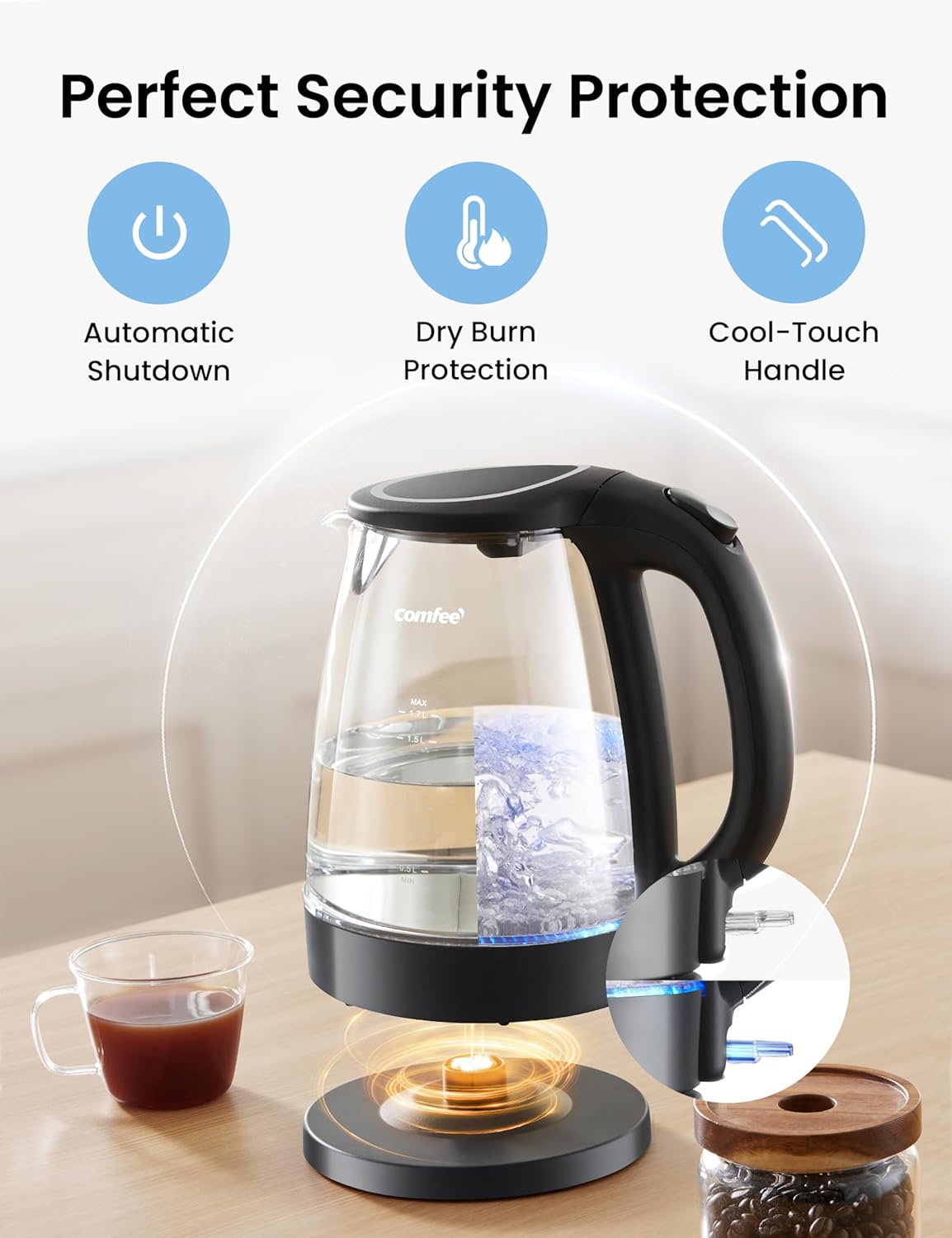 COMFEE' 1.7L Glass Temperature-Control Electric Kettle with 6 Preset Modes