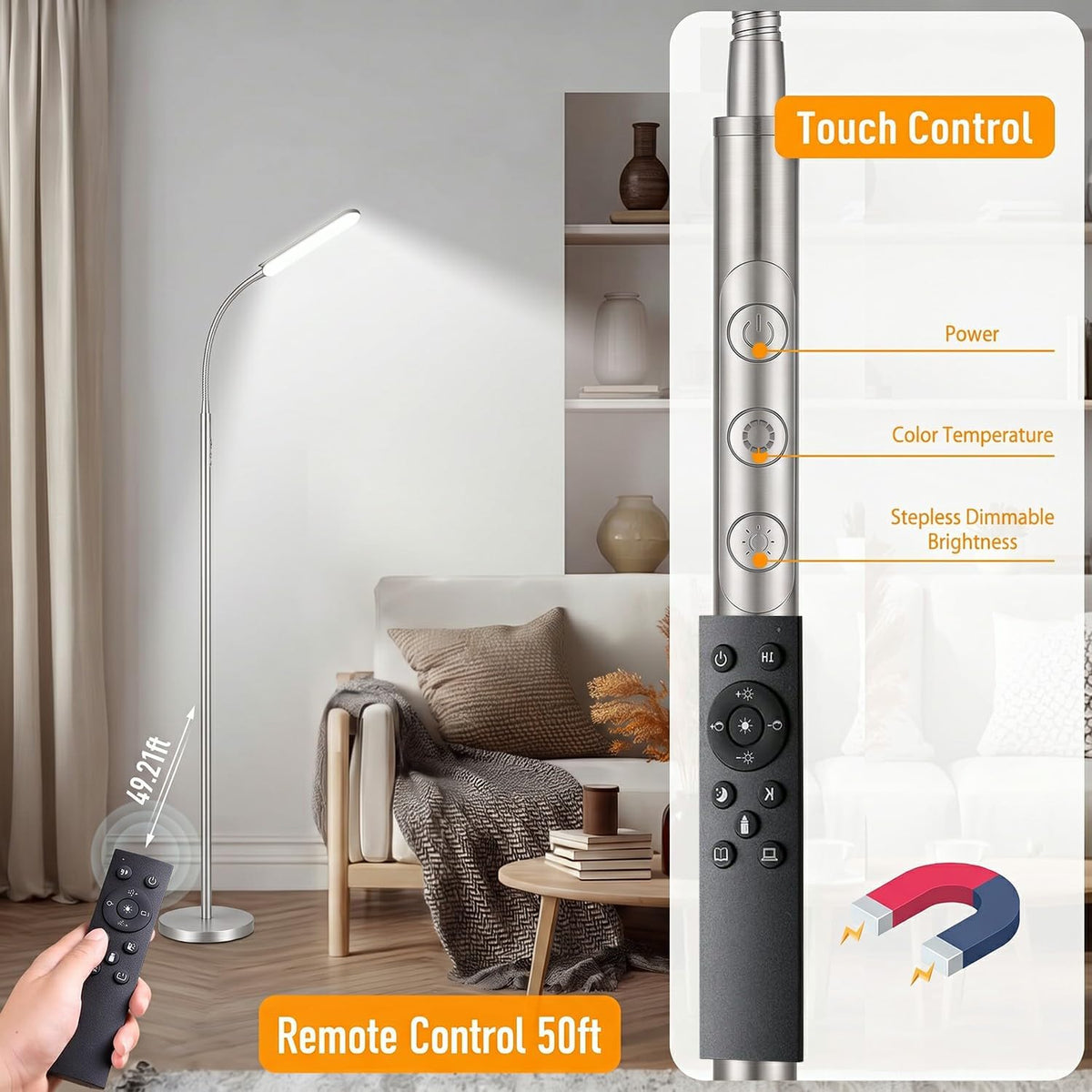 marctronic Floor Lamp, 18W 1800LM Super Bright LED Floor Lamp with Remote & Works with Smart Plug, Dimmable Timing Eye Caring Reading Lamps Floor Standing for Living Room Bedroom Office