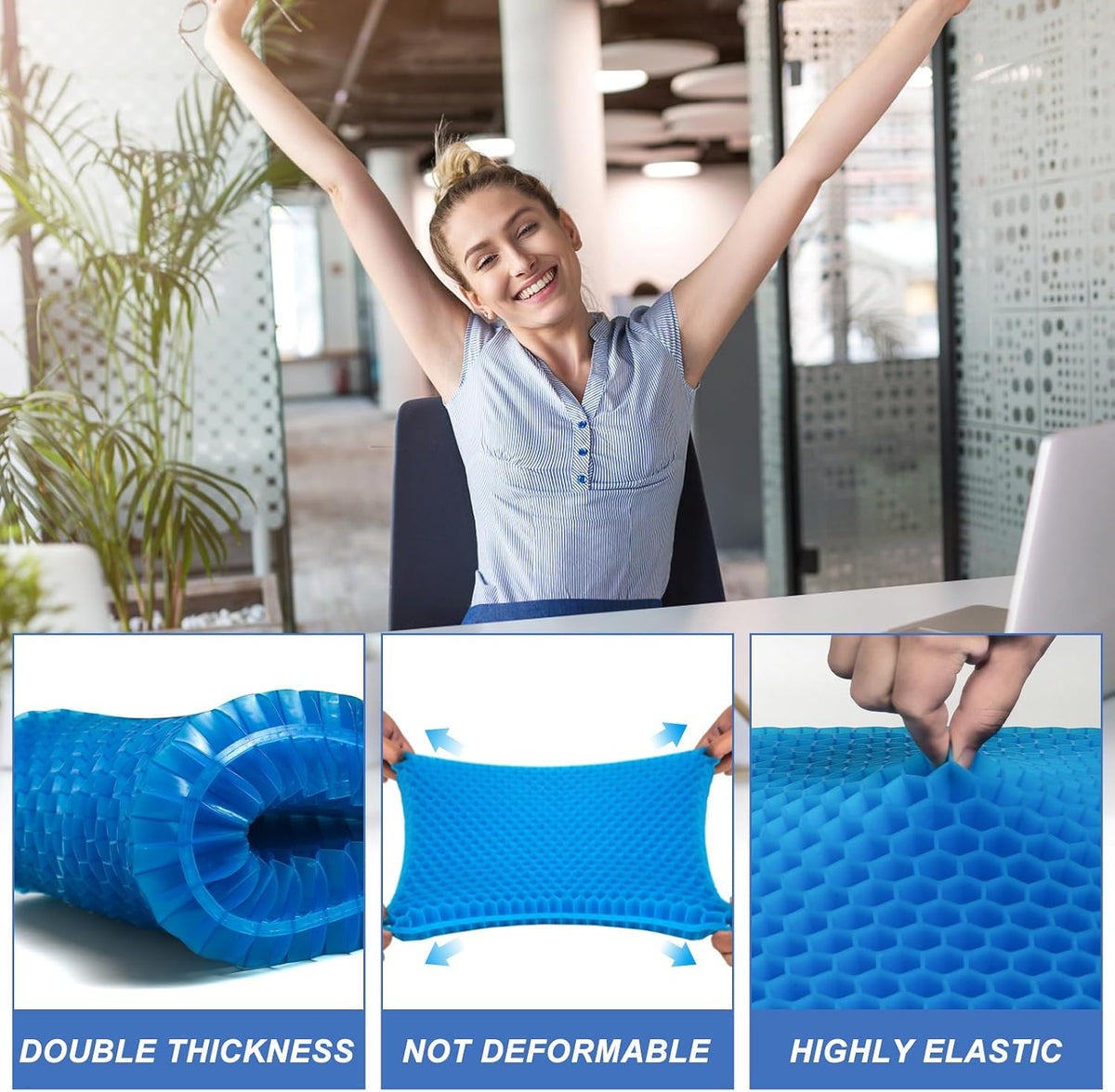 Gel Seat Cushion for Long Sitting - 16.5" x 14.5" x 2.4" (Extra Thick＆Soft)