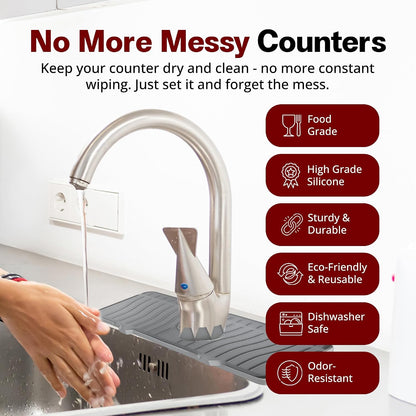 ODRAGO Silicone Kitchen Sink Splash Guard - 24.01 Inch Faucet Mat for Kitchen Sink Water - Longer Faucet Handle Drip Catcher Tray-Sink Guard for Kitchen Sink (Grey)