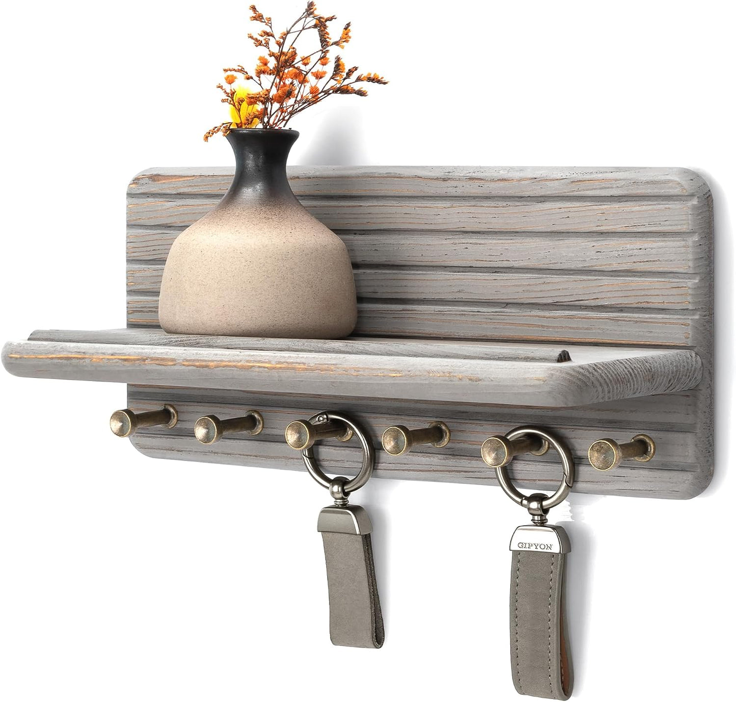 Rebee Vision Pine Wood Key Holder Wall Mount with Shelf for Entryway, Brown | 6 Key Hooks, Round Corner, Smooth&Hand-Friendly, Clear Wood Texture, Space-Saving Design, Organize Mail & Letter