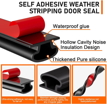 Black Rubber Weather Stripping Door Seal Strip, D Shape Door Weather Seal Strip, Self-Adhesive Soundproofing Frame Insulation Tape for Doors Frame/Window Seal,Blocks Cold Drafts Noise