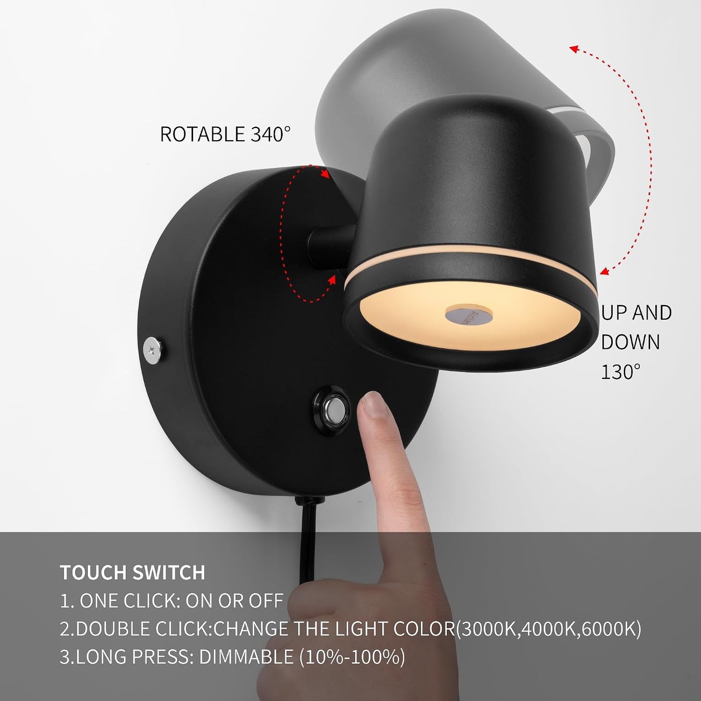 Aisilan LED Plug in Wall Sconce with Touch Dimmable Control Adjustable Wall Mounted Lamp Angle Anti-Glare Matte White Aluminum Bedside Reading Wall Lights for Bedroom Living Room