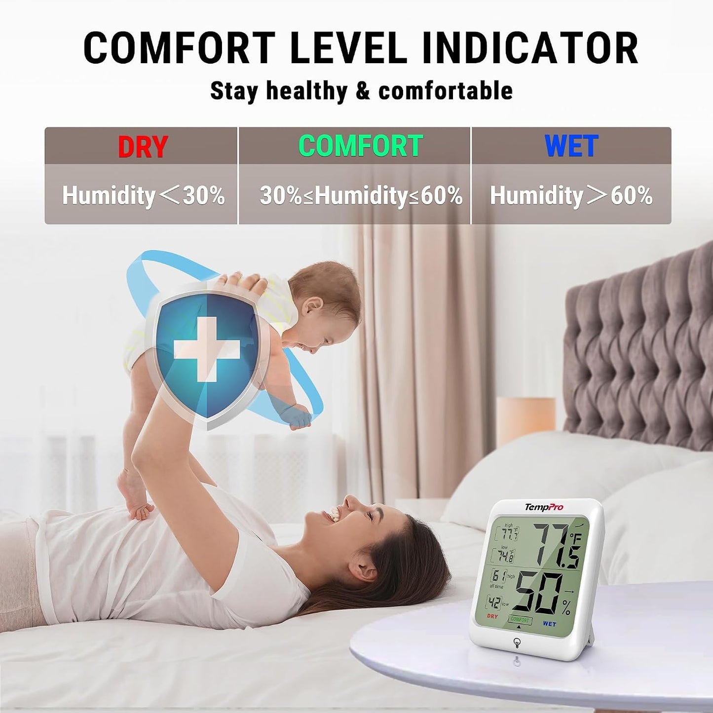 TempPro TempAir Digital Hygrometer Indoor Thermometer for Home | Temperature Humidity Sensor with Comfort Indicator & Max Min Records, Backlit Display Room Thermometer Humidity Meter