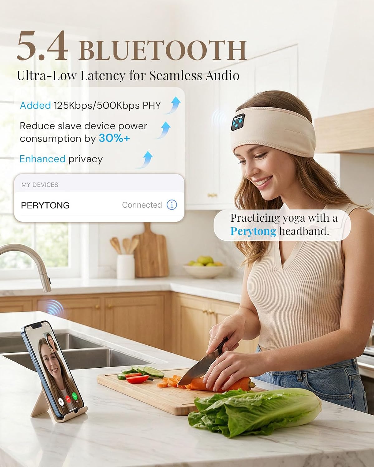 Perytong Sleep Headphones Bluetooth 5.4 Headband, Wireless Sleep Headphones with Ultra-Thin HD Stereo Speakers for Side Sleepers, Soft & Sweat Resistant Sport Headband for Yoga Travel Workout