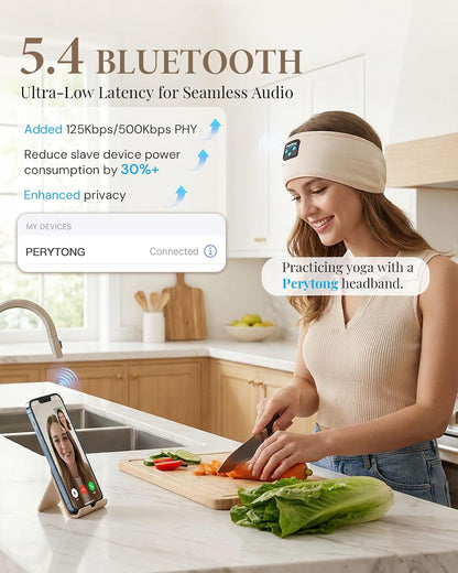 Perytong Sleep Headphones Bluetooth 5.4 Headband, Wireless Sleep Headphones with Ultra-Thin HD Stereo Speakers for Side Sleepers, Soft & Sweat Resistant Sport Headband for Yoga Travel Workout