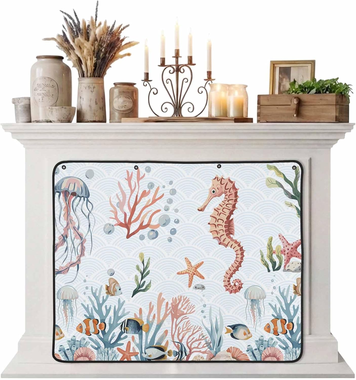 Magnetic Fireplace Cover Turtle Coral Starfish Fireplace Screen Decorative Shell Ocean Marine Life Insulation Fireplace Blocker Save Energy Fireplace Draft Stopper Covers for Living Room 39x32 Inch