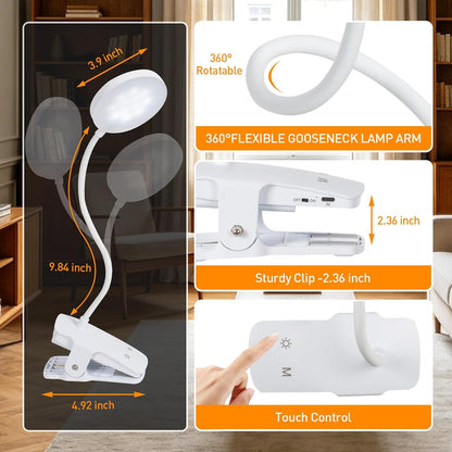 Cordless Rechargeable Clip On Desk Lamp Thick Flexible 360° Gooseneck | 450 Lumen Eye Protect Light,30 Custom Lighting Modes,5-30H Long Life Battery for Bed Headboard Desk Puzzle Craft ,Black 1 Pcs