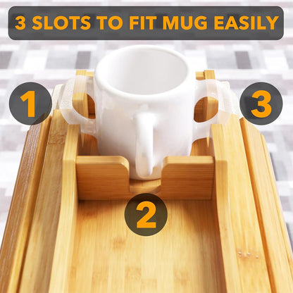 SpaceAid Bamboo Couch Cup Holder, Anti Falling Foldable Sofa Armrest Tray with Cup Holder, Couch Arm Side Table Organizer for Drink Cup Remote Snacks (Natural)