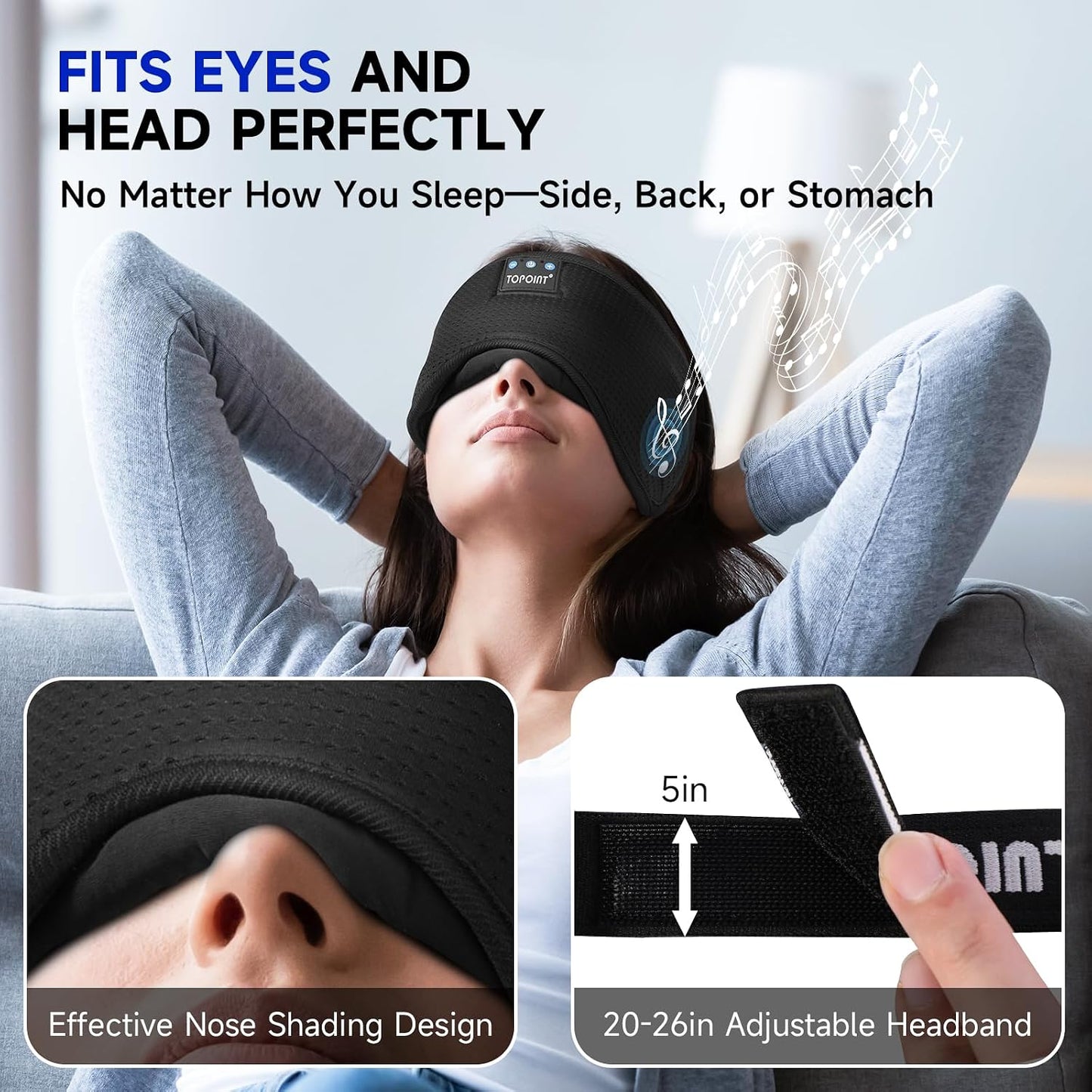TOPOINT Sleep Mask with Bluetooth Headphones, 3D Eye Mask for Sleep Headphones with White Noise, Total Blackout, 5.4 Bluetooth, Timer, 15 Hours for Women Men, Travel, Meditation, Nap, CPAP Users
