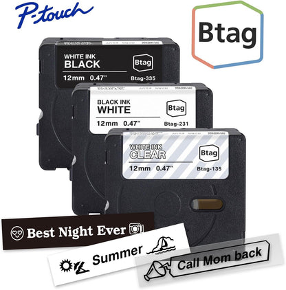 Brother Genuine P-Touch Btag BTAG231 Black on White Label Tape ~1/2in by 13.1ft (12mm x 4m). (Works Only with Brother PT-N10, PT-N20, PT-N25BT Label Makers)
