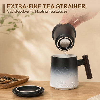 Tea Cup with Infuser and Lid, 14oz Ceramic Loose Leaf Tea Steeper Cup with Wood Handle and Cup Lid, Blue, Black | 14oz Ceramic Tea Mug with Lid, Loose Leaf Tea Steeper Cup with Wood Handle for Tea Lovers Gifts