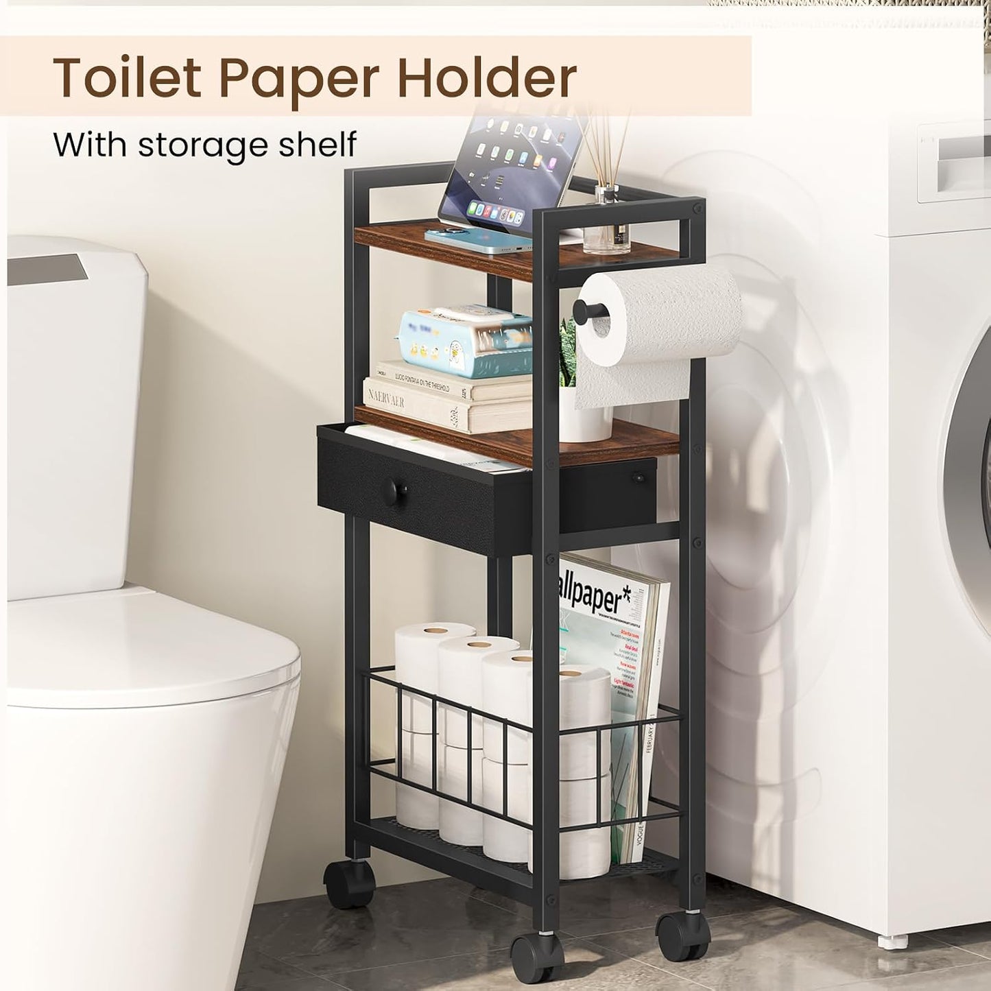 Snughome Freestanding Toilet Paper Holder with Storage Drawer, 4-Tier Rolling Toilet Paper Holder Stand with Wheels, Shelf & Basket, Bathroom Magazine Rack for Phone & Extra Rolls (Rustic Brown)