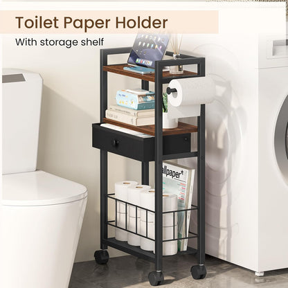 Snughome Freestanding Toilet Paper Holder with Storage Drawer, 4-Tier Rolling Toilet Paper Holder Stand with Wheels, Shelf & Basket, Bathroom Magazine Rack for Phone & Extra Rolls (Rustic Brown)