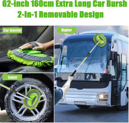 62" Car Wash Brush Mop Kit with Long Handle, 2 in 1 Chenille Microfiber Sponge Mitt Cleaning Detailing Duster for Washing Cars Truck SUV RV Caravans and Household(2 x Mop Head) (Blue)