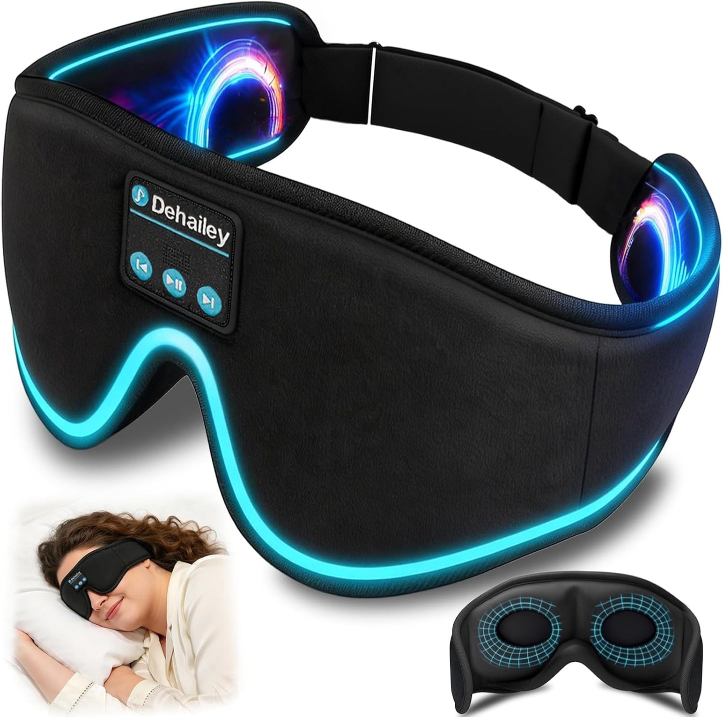 Sleep Mask with Bluetooth Headphones, 100% Light Blocking Sleep Headphones for Side Sleepers Men Women, Eye Mask with Thin Stereo Speakers, Soft Eye Cover for Travel Gift (Plus Size)