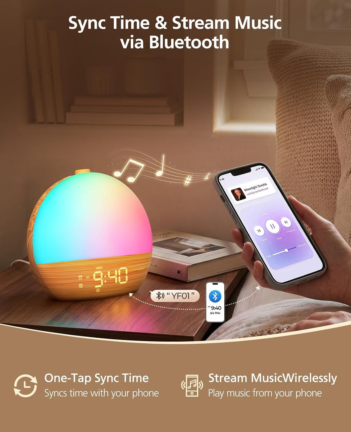 Wood Grain White Noise Sound Machine Sunrise Alarm Clock with 30 Soothing Sounds, 17 Night Lights, Bluetooth Speaker Wake Up Light Alarm Clocks for bedrooms, Heavy Sleepers, Baby, Kids