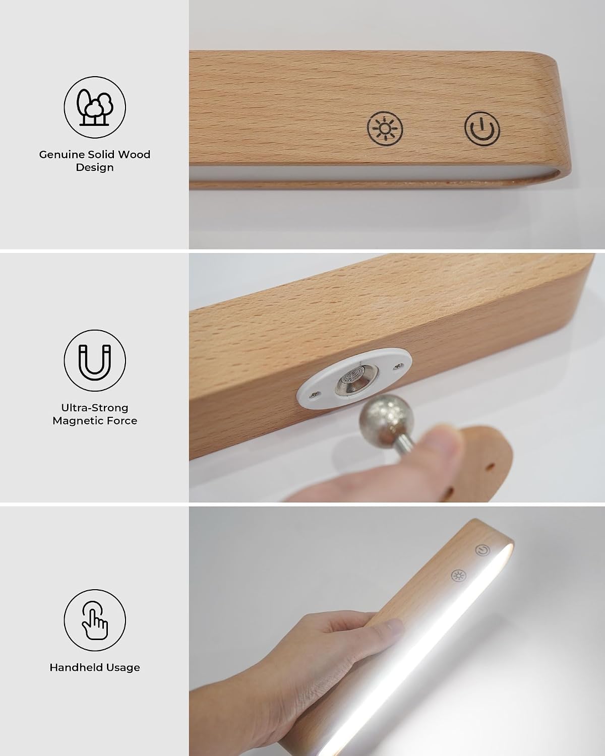 PopoIron Rechargeable LED Wall Sconces Set of Two,Wall Lights for Bedroom with Remote Control and Touch,360° Magnetic Rotation,3 Colors Dimmable Brightness Wood Wall Lamps with 15 RGB Colors,2 Pack
