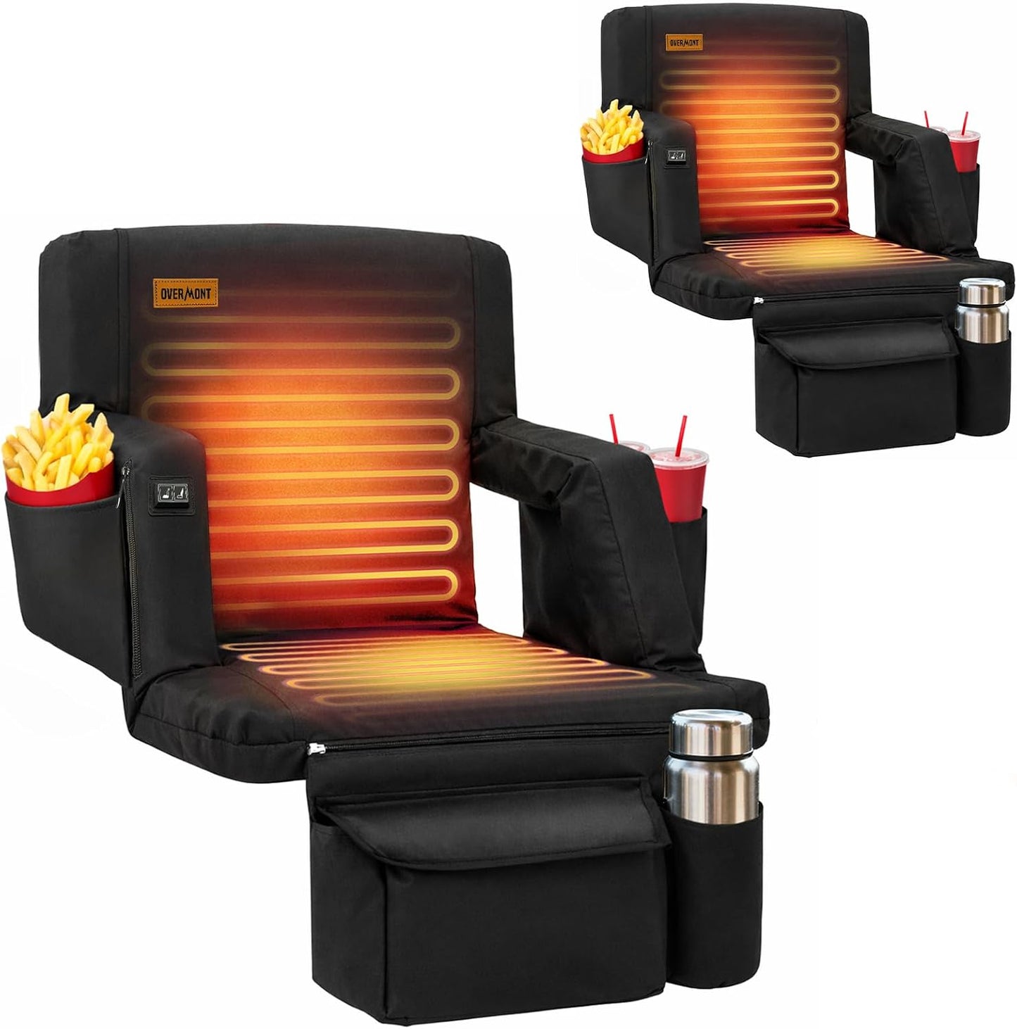 Overmont Heated Wide Stadium Seats 2 Pack, Dual-Zone Heat | 3 Heat Levels with Independent Control, 6 Recline Positions, Soft Cushion, Hooks and Pockets for Sport Camping Concerts