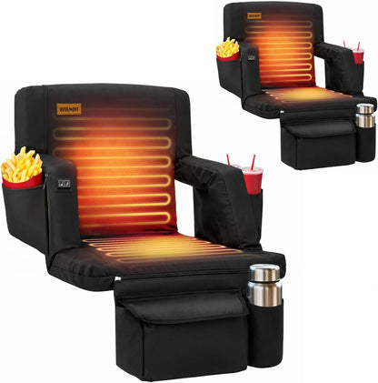 Overmont Heated Wide Stadium Seats 2 Pack, Dual-Zone Heat | 3 Heat Levels with Independent Control, 6 Recline Positions, Soft Cushion, Hooks and Pockets for Sport Camping Concerts