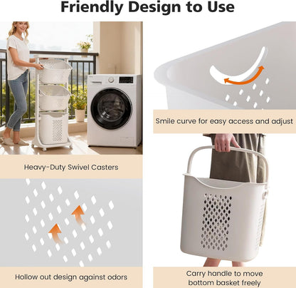 BAOKALER 4-Tier Laundry Hamper Sorter, Vertical Laundry Baskets with Wheel | Rolling Stackable Laundry Cart Removable, Organizer and Storage for Small Space, Dorm, Closet, Bathroom