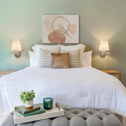 VONLUCE Wall Lamp, Plug in & Swing Arm Wall Sconce, Nickel Finish | Modern Wall Lights with White Fabric Shades, Plug in & Hardwired Wall Mounted Light for Bedside, Living Room, Hallway