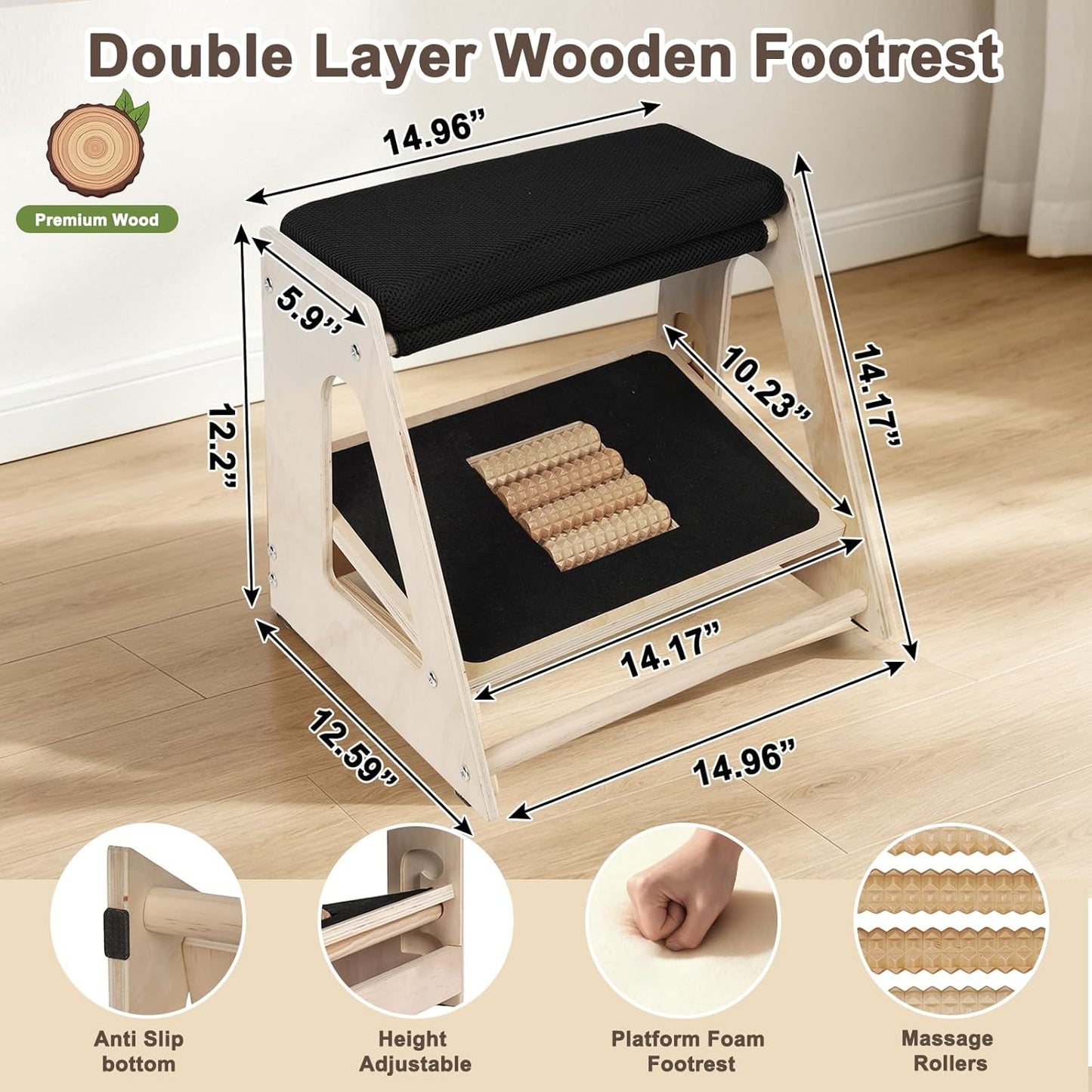 Natheeph Foot Rest Under Desk, Ergonomic Foot Stool with Massage, 4 Height | Top Padded Footrest + 3 Height Settings Massage Board, Desk Foot Rest for Office, Gaming, Living Room, Wooden, Non-Slip Base