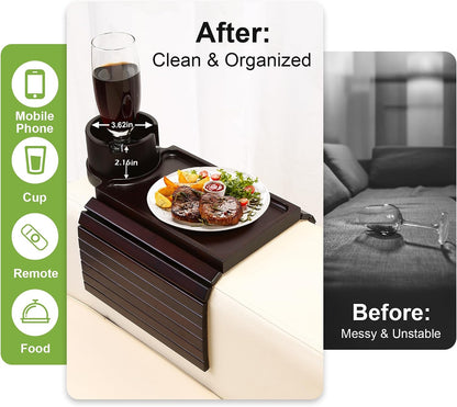 Couch Cup Holder - 3 in 1 Sofa Arm Tray with 360° Rotating Cup Holder & Phone Stand,Arm Chair Rest Table Fits Various of Large Width Couches Armrest,Anti-Slip Foldable Couch Tray for Drinks