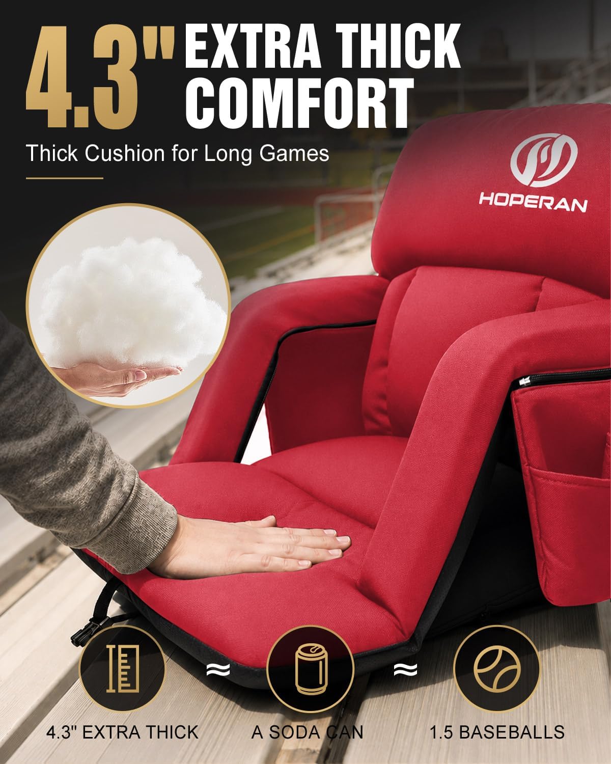 HOPERAN 25in Heated Stadium Seats for Bleachers, 4.3" Extra Thick, Pink | Super Soft Sofa-Style, Independent Seat&Back 3 Level Heat (NO Battery), 6 Recliner, Anti-Slip, Side Pockets, Backpack Straps
