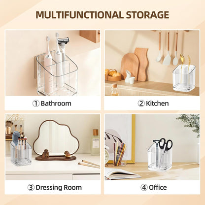 Toothbrush Holder Wall Mounted,Detachable Toothbrush and Toothpaste Holder | with Divider for Bathroom, Anti-Slip Electric Tooth Brush Holder Set with Drainage, Bathroom Accessory - Clear