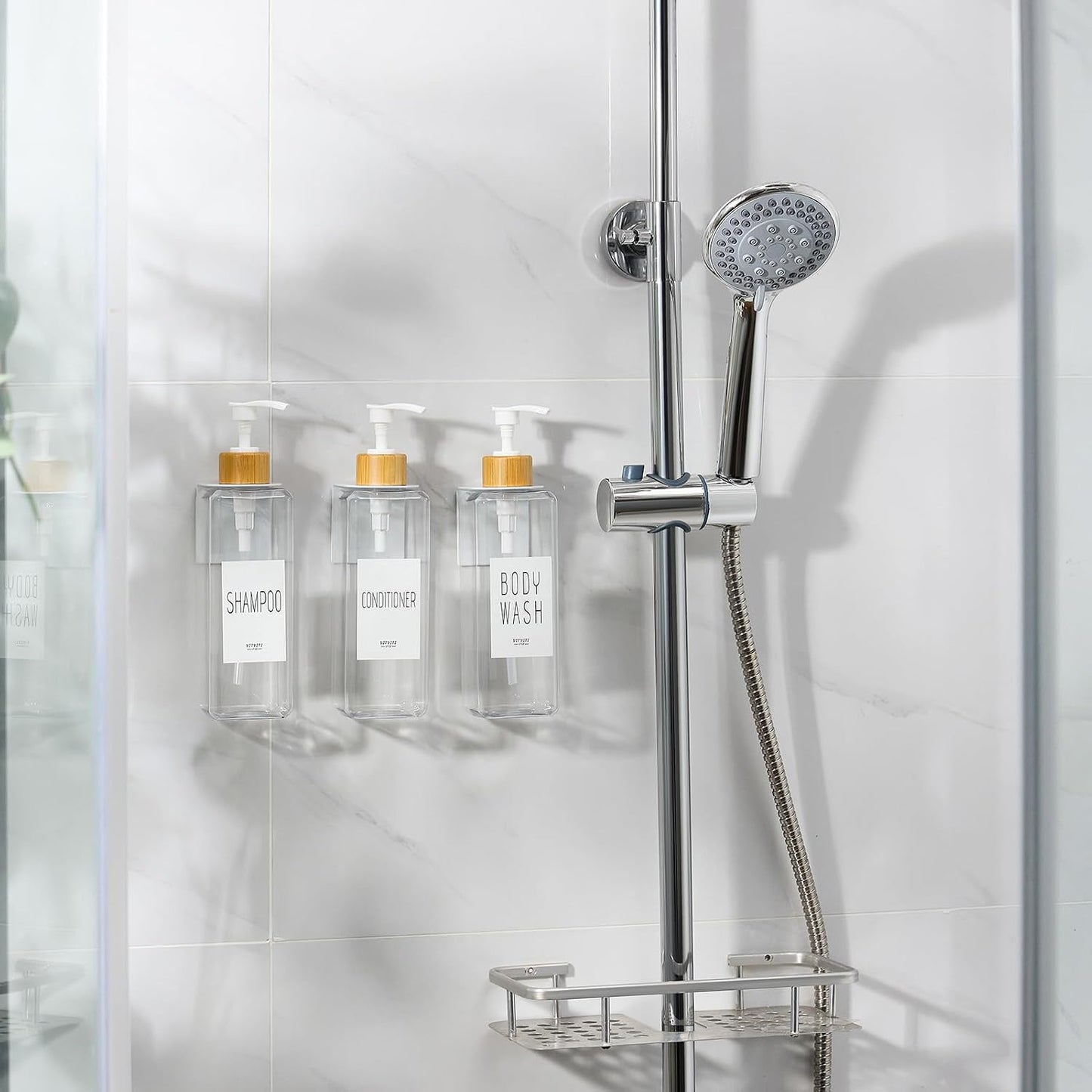 VITVITI Shampoo and Conditioner Dispenser, Shower Soap Dispenser Wall Mount | 17OZ Refillable Plastic Shampoo/Body Wash Shower Bottles for Bathroom with Pump/Labels, Bamboo Wall Mounted, Clear