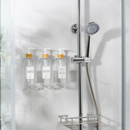VITVITI Shampoo and Conditioner Dispenser, Shower Soap Dispenser Wall Mount | 17OZ Refillable Plastic Shampoo/Body Wash Shower Bottles for Bathroom with Pump/Labels, Bamboo Wall Mounted, Clear