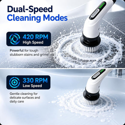 Highyes Electric Spin Scrubber for Bathroom | IPX7 Waterproof Shower Scrubber with Extendable Long Handle，Bathroom Cleaning Scrubber with 7 Reusable Brush Heads