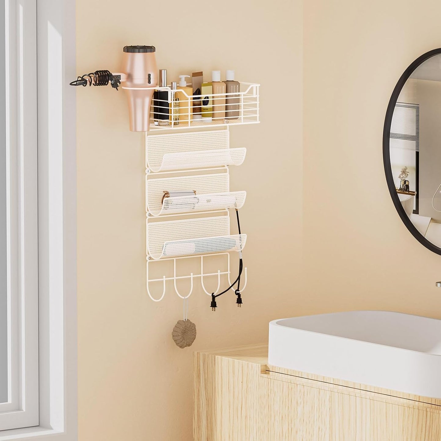 3 Tier Hair Tool Organizer Wall Mount, curling iron holder Basket, Black | Metal Mesh, Hair Dryer Holder, Bathroom Hair Styling Tool Organizer, Blow Dryer Holder, Hair Straightener Organizer