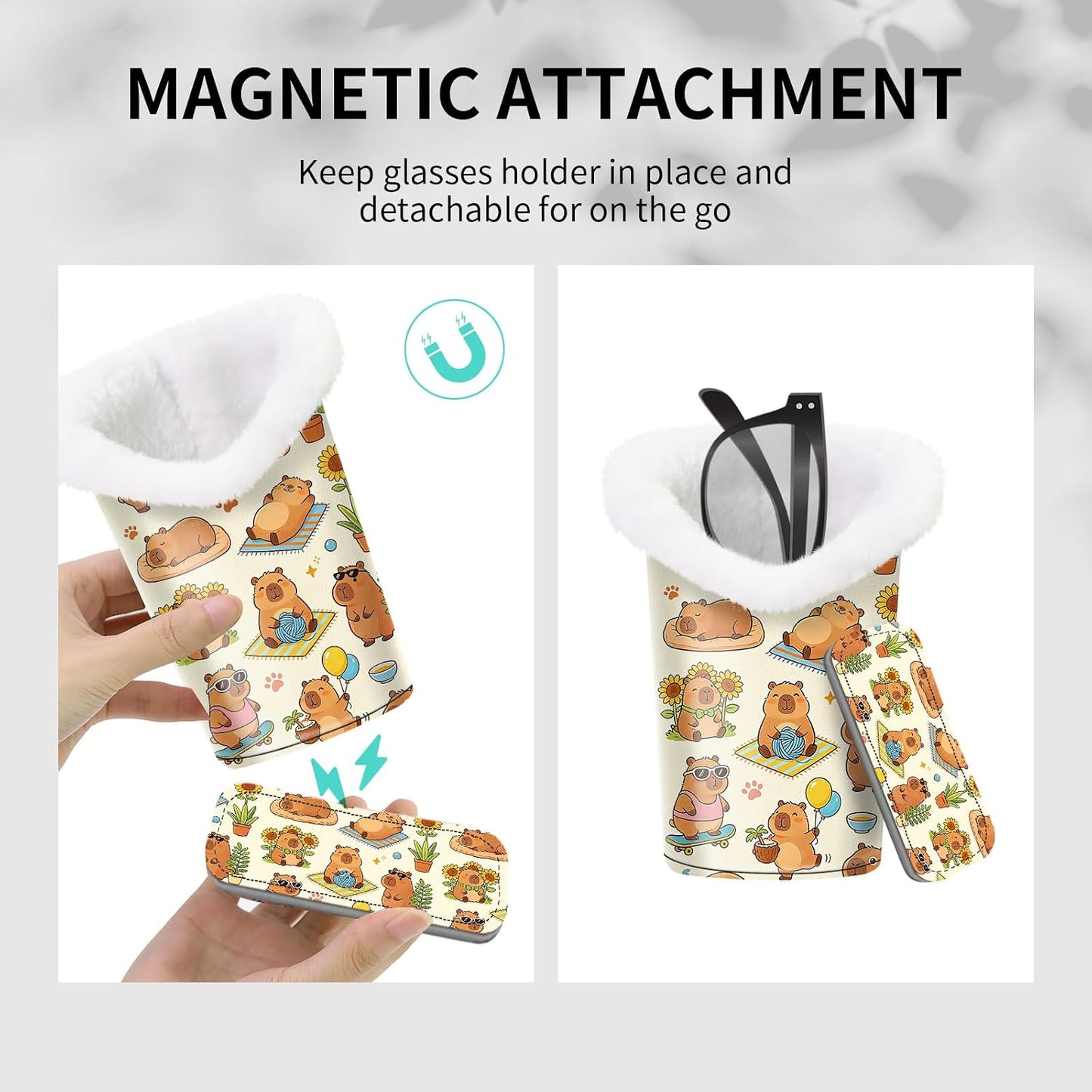 Plush Lined Eyeglasses Holder, Cute Magnetic PU Leather Glasses Stand Case for Women Men Kids